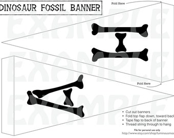 PDF : Bannière imprimable de partie de dinosaure - Drapeau de fanion jurassique d'os fossiles de silhouette