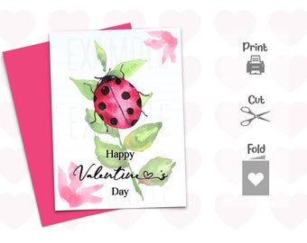 Printable Happy Valentines Day Ladybug Cards - Blank - 4x6 & 5x7 - w BONUS Free Envelope Templates Included - Digital File DIY Greeting Card