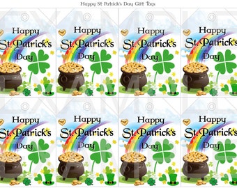 St. Patrick's Day Gift Tags - 4-Leaf Clover Pot of Gold Coins Rainbow Shamrock Leprechaun - 2 3/4" x 3 7/8" - Digital File DIY Printable PDF