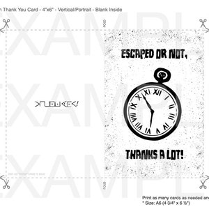 Escape Room Bedankkaarten 4"x6" - "Ontsnapt of niet..." w BONUS Gratis envelopsjabloon inbegrepen - PDF digitaal bestand DIY afdrukbaar silhouet