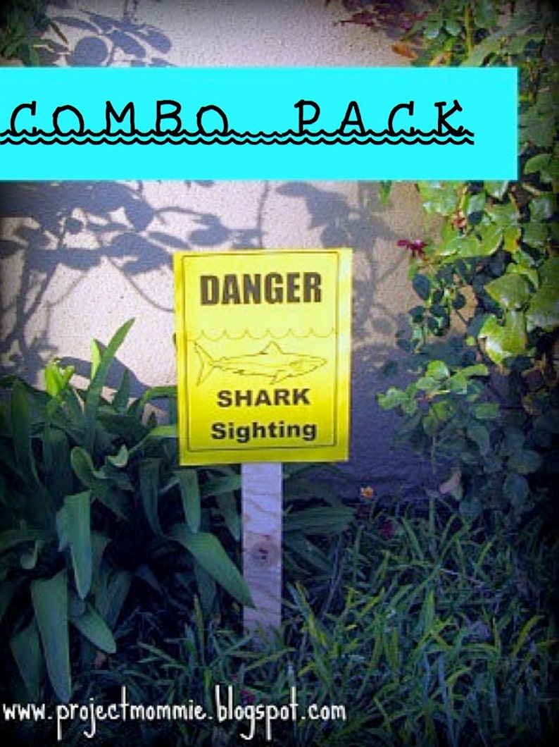 PDF: Great White Combo Party Pack Shark Party Sign & Party Favor Tags Danger Shark Sighting sign and Thanks Chums tags image 2