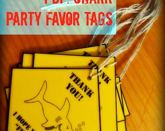 PDF: "Thanks Chums!" Shark Party Favor Tags 2" x 2" - Great White "I Hope You Had A "Fin"tastic Time!" Digital File DIY Printable