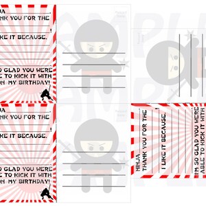 PDF: Cute but Fierce Ninja Thank You Postcards 3 15/16 x 5 15/16 Bonus Ninja Name Sheet Rising Sun Flag DIY Printable Silhouette image 2