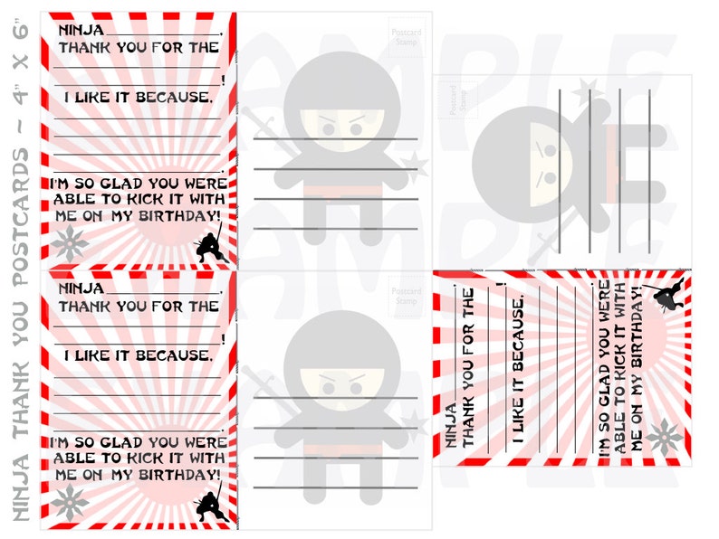 PDF: Cute but Fierce Ninja Thank You Postcards 3 15/16 x 5 15/16 Bonus Ninja Name Sheet Rising Sun Flag DIY Printable Silhouette image 2