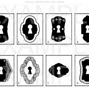 Op de afbeelding: Acht zwart-witte sleutelgat deurbeslag ontwerpen met verschillende decoratieve frames. De ontwerpen zijn genummerd van 1 tot en met 8.