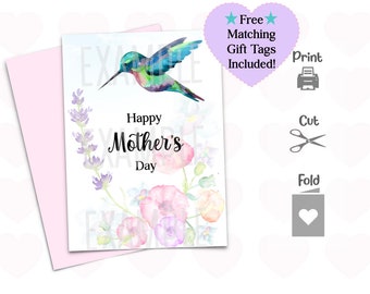 Mother's Day Hummingbird Cards & Gift Tags Set - w BONUS Envelope Templates Included - Blank - 4x6 and 5x7 - Digital File DIY Printable