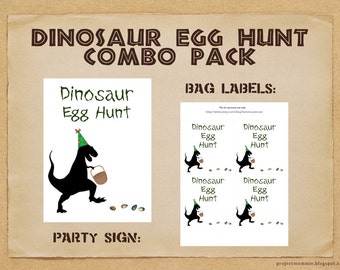 PDF: Dinosaur Egg Hunt Combo Pack - Party Sign and Bag Labels - Digital File DIY Printable Easter