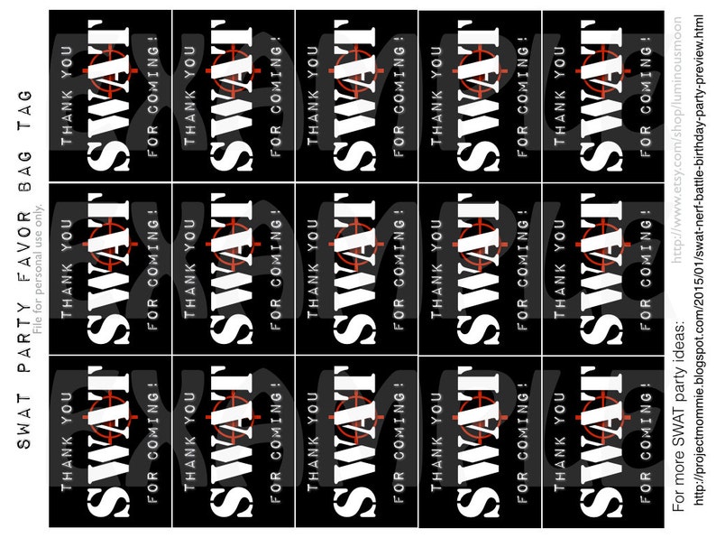 PDF: SWAT Party Favor Tags Thank you for coming Black Digital File DIY Printable image 1