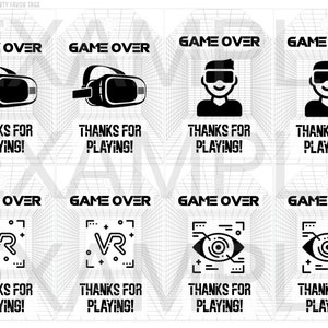 May include: Eight black and white printable party favor tags with a virtual reality theme. Each tag has the text "GAME OVER" and "THANKS FOR PLAYING!" with a different virtual reality icon.