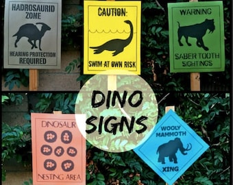 PDF: Set of 5 NEW Dinosaur Crossing Signs - Dinosaur Themed Party Warning Caution Zone Paleo Caveman silhouette birthday