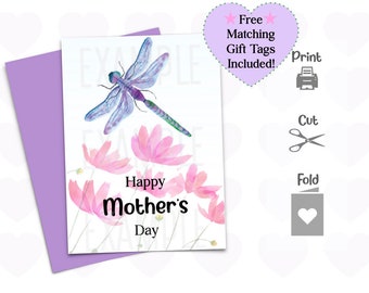 Happy Mother's Day Dragonfly Blank Cards & Gift Tags Set - w BONUS Envelope Templates Included - Blank - Digital File DIY Printable