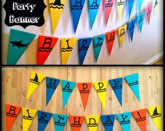 PDF: Shark Party Pennant Banner - "Happy Birthday" Shark Pennant Banner - Water Ocean Sea Waves Font