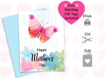 Happy Mother's Day Butterfly Blank Cards & Gift Tags Set - w BONUS Envelope Templates Included - Blank - Digital File DIY Printable