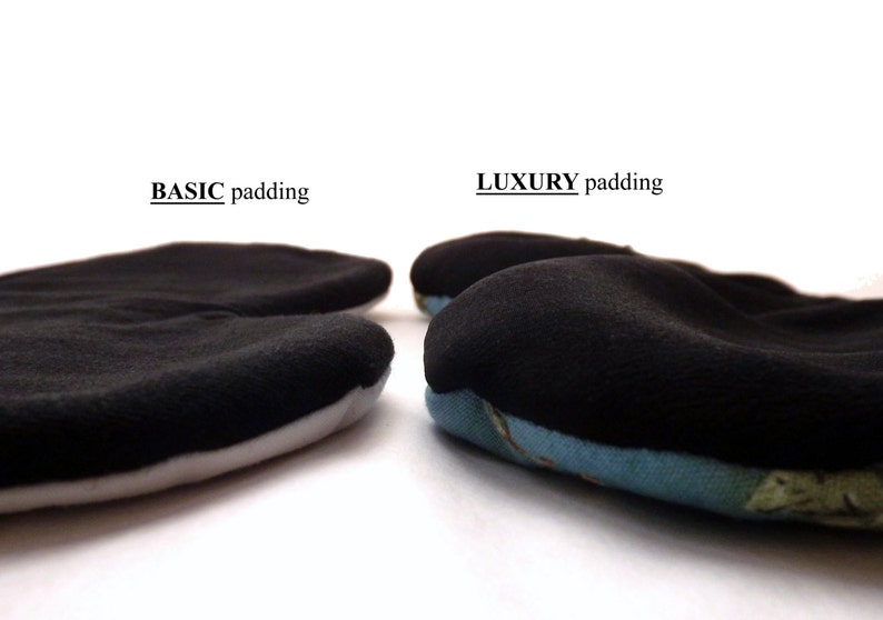 May include: Two close-up images of seat cushions with different padding. The left cushion is labeled "BASIC padding" and has a thin layer of black padding. The right cushion is labeled "LUXURY padding" and has a thicker layer of black padding with a blue and white patterned fabric underneath.