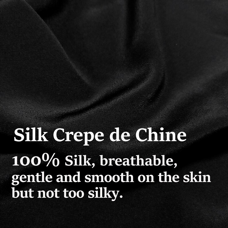 May include: Close-up of black silk crepe de chine fabric. The fabric is 100% silk, breathable, gentle and smooth on the skin, but not too silky.