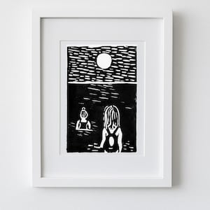 Handmade Linocut Print: &quot;The Awakening&quot; Black Ink, 6x8 Wall Art