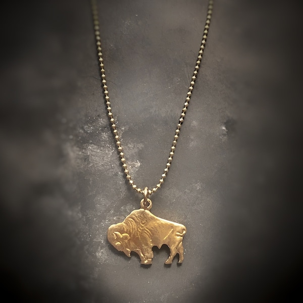 Buffalo necklace, bison necklace, small buffalo charm, brass microball chain, layering necklace, stacking neck mess