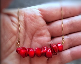 Red coral and brass micro ball chain choker bar necklace, minimalist boho mod jewelry