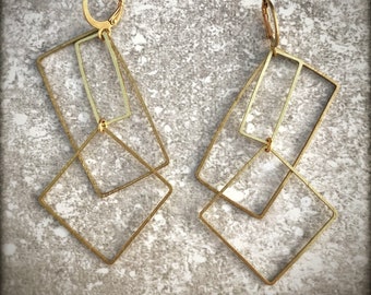 Brass rectangle earrings, geometric drop earrings, everyday hoop earrings, square brass hoops