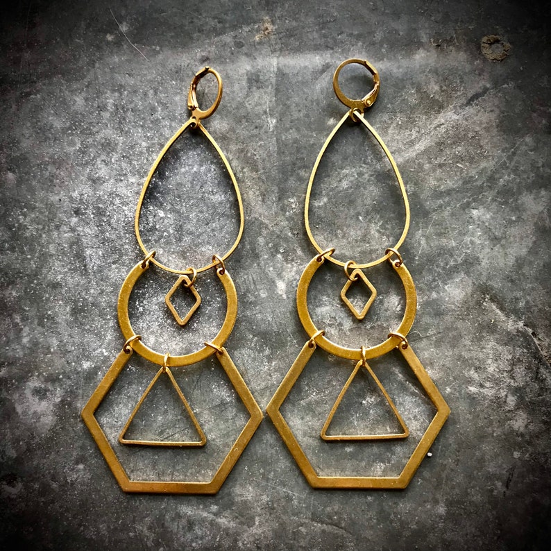 Geo Dangle Earrings, Shoulder Dusters, Brass Chandeliers, big statement earrings, light weight, hexagon earrings, geometric dangle earrings image 4