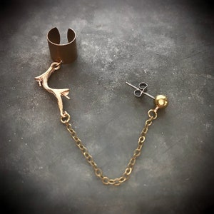 Ear Cuff & Brass Stud Chain Connector with golden branch, curated ear wear