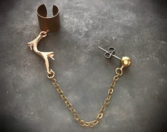 Ear Cuff & Brass Stud Chain Connector with golden branch, curated ear wear