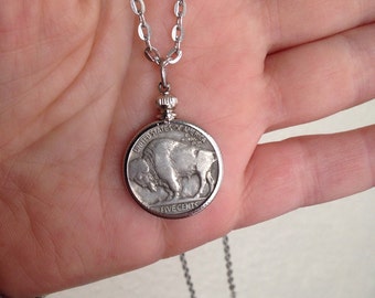 Buffalo Nickel Necklace, Coin Holder Necklace, Indian Head, bison, Nickel City