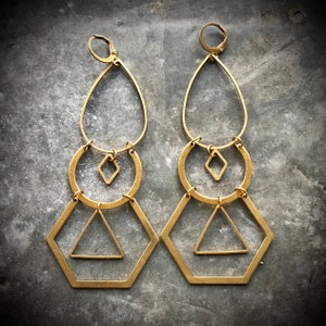 Geo Dangle Earrings, Shoulder Dusters, Brass Chandeliers, big statement earrings, light weight, hexagon earrings, geometric dangle earrings image 6