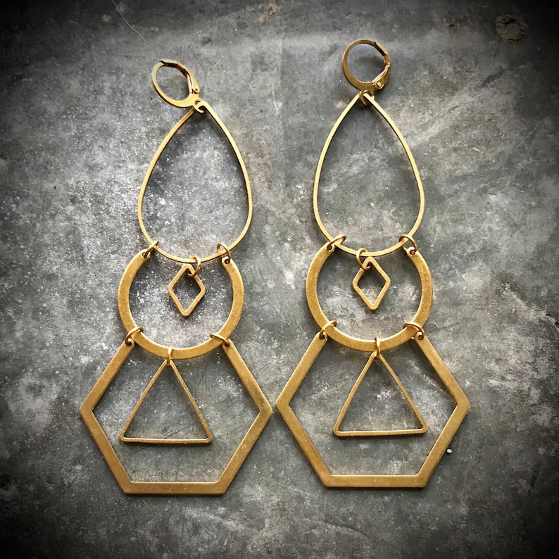 Geo Dangle Earrings, Shoulder Dusters, Brass Chandeliers, big statement earrings, light weight, hexagon earrings, geometric dangle earrings image 6