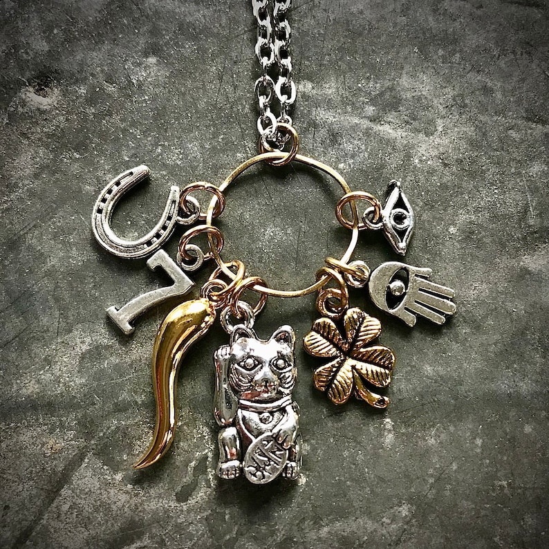 The Luckiest Necklace In The World, Lucky Charm, St Patricks Day, Italian Horn, Maneki Neko, Hamsa Hand Shamrock, Lucky 7 Horseshoe Evil Eye image 9