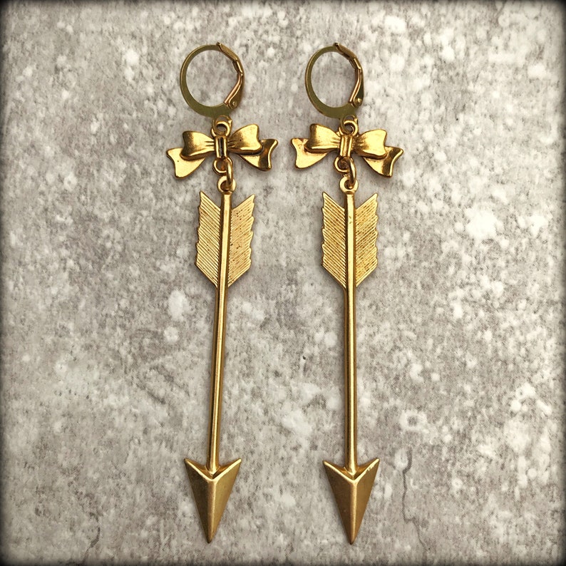 Bow & Arrow Earrings, Gold bow earrings, Golden Arrow Earrings, Diana Huntress Archer Earrings, gifts for her, Mothers Day gifts, mom gifts image 1