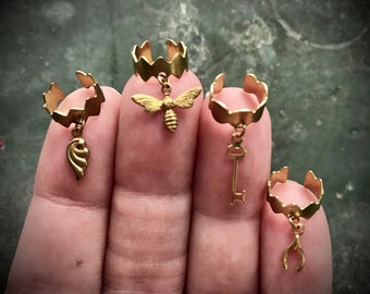 Tiny Wing Bee Wishbone Key Ear Cuffs; pinked brass zigzag earwear, curated lobe, valentines gifts