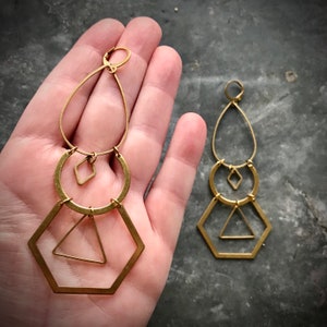 Geo Dangle Earrings, Shoulder Dusters, Brass Chandeliers, big statement earrings, light weight, hexagon earrings, geometric dangle earrings image 1