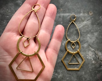 Geo Dangle Earrings, Shoulder Dusters, Brass Chandeliers, big statement earrings, light weight, hexagon earrings, geometric dangle earrings