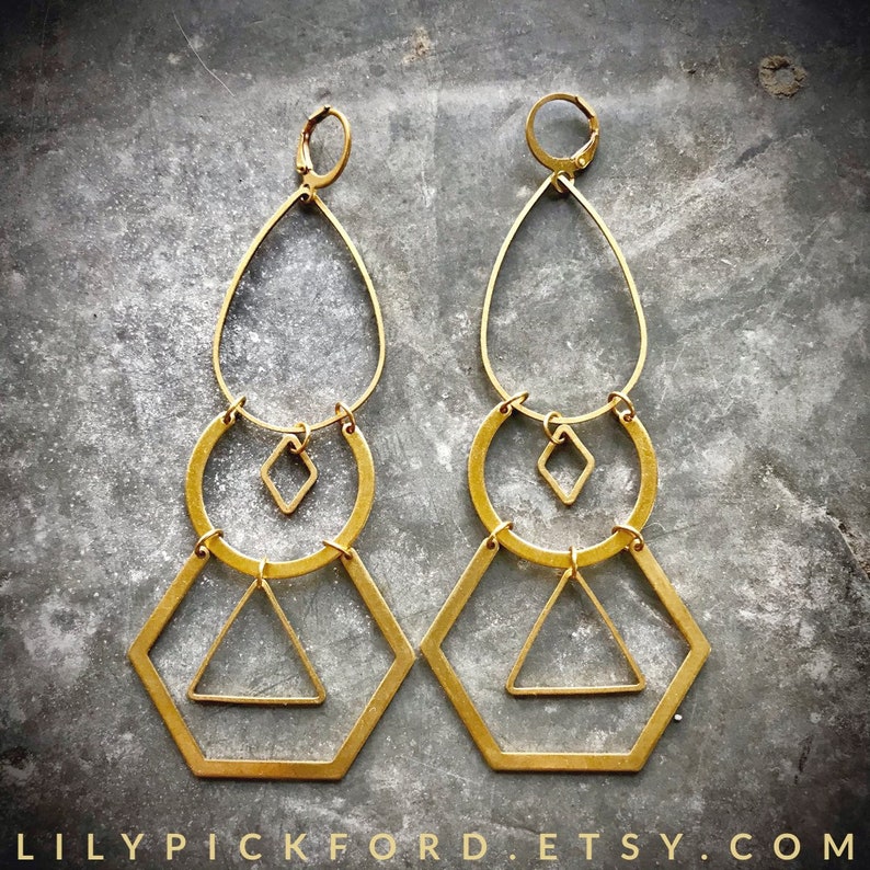 Geo Dangle Earrings, Shoulder Dusters, Brass Chandeliers, big statement earrings, light weight, hexagon earrings, geometric dangle earrings image 7