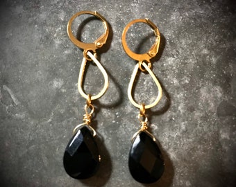 Black obsidian gemstone tear drop earrings, black and gold, holiday gifts