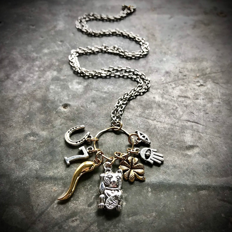 The Luckiest Necklace In The World, Lucky Charm, St Patricks Day, Italian Horn, Maneki Neko, Hamsa Hand Shamrock, Lucky 7 Horseshoe Evil Eye image 6