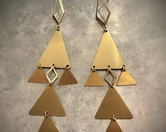 Cascading Triangles Chandelier Earrings, long dramatic brass geometric trees, minimalist mod geo boho shoulder dusters