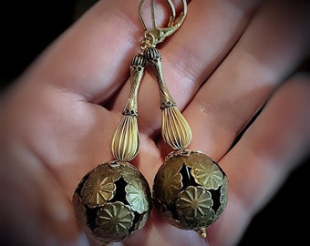 Floral filigree ball drop earrings, french circus, mixed metals, vintage corrugated brass beads, Holiday Gift, New Year’s Eve jewelry, boho