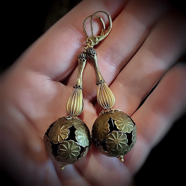 Floral filigree ball drop earrings, french circus, mixed metals, vintage corrugated brass beads, Holiday Gift, New Year’s Eve jewelry, boho