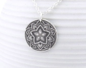 Sterling Silver Necklace Long Silver Necklace Silver Pendant Necklace Bohemian Jewelry Rustic Jewelry Layered Necklace - Five Point Flower