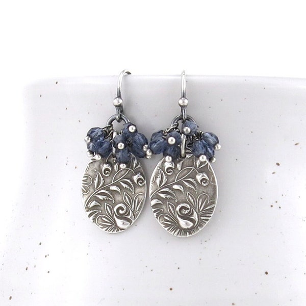 Denim Blue Earrings Silver Drop Earrings Cluster Earrings Crystal Simple Handmade Jewelry Sterling Silver Jewelry Gift for Her - Lily