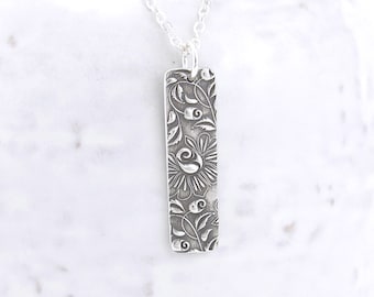 Silver Bar Necklace Sterling Silver Necklace Pendant Rose Necklace Floral Jewelry Bohemian Jewelry Layering Necklace Gift for Her