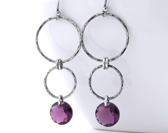 Bohemian Hammered Circle Drop Earrings w// Emerald Green Crystal and Amethyst