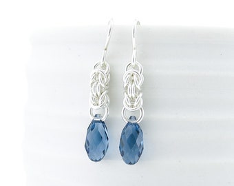Unique Sterling Silver Earrings Blue Crystal Earrings Silver Dangle Earrings Blue Drop Earrings September Birthstone Jewelry - Ellen