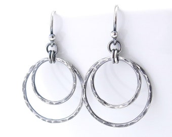 Simple Silver Circle Earrings Drop Earrings Handmade Rustic Silver Jewelry Gift for Women - Shimmer Layers