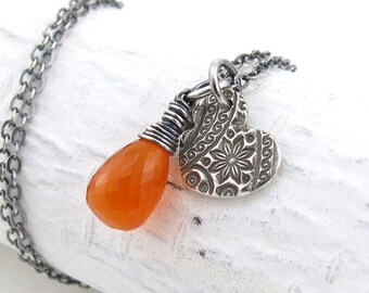 Orange Carnelian Necklace Tiny Gemstone Necklace Sterling Silver Charm Necklace Silver Layering Pendant Necklace Gift for Her - Solo