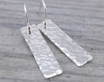 1 Inch Silver Bar Earrings Sterling Silver Hammered Earrings Rectangle Earrings Silver Drop Earrings Handmade Silver Jewelry Gift for Her