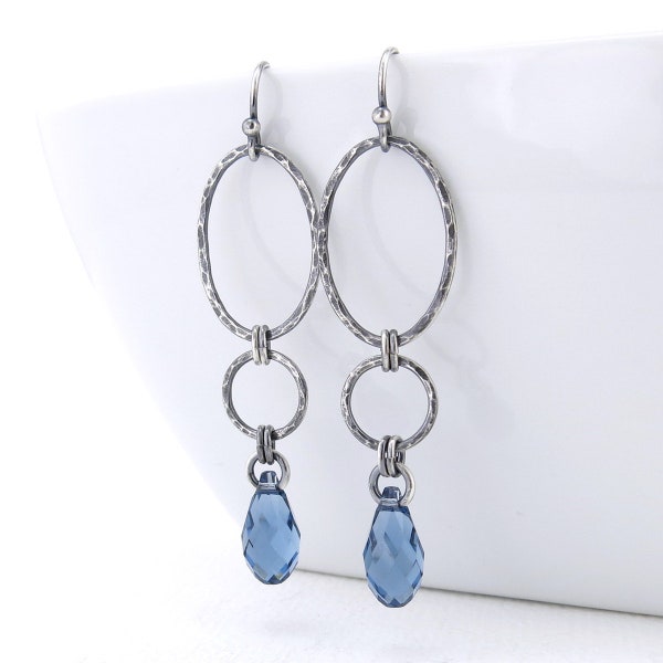 Long Dangle Earrings Silver Drop Earrings Blue Crystal Earrings Geometric Jewelry September Birthstone Jewelry Gift for Her - Adorned Aubrey