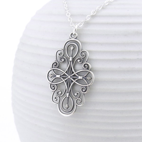 Sterling Silver Necklace Filigree Necklace Compass Rose Jewelry Long Silver Necklace Ornate Necklace Sterling Silver Jewelry - Modern Edge